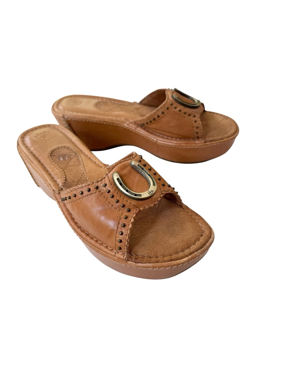 Ariat Leather Horseshoe Studded Wedge Slide Sandals Western Brown Size 8.5